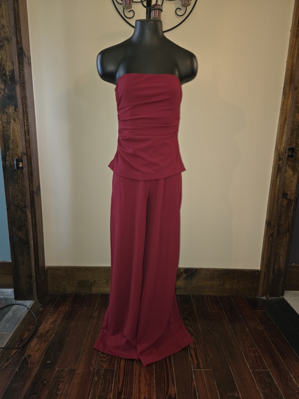 Strapless Wide-Leg Jumpsuit in Red Wine